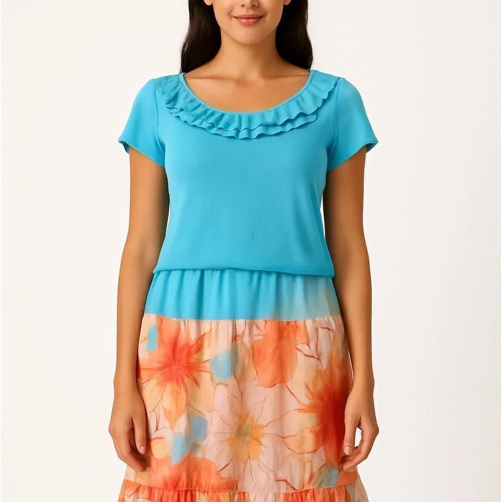 Wrapper 2-Piece Ruffle Top & Floral Skirt Set – Aqua Blue & Orange – Boho Spring